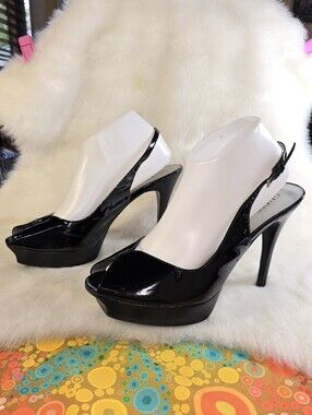 Guess Black Patent Peep-Toe Slingback Platform Heels
